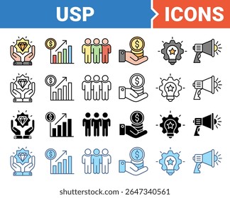 Concepto de USP para el conjunto de iconos de proporción de venta única con colección de estilo múltiple.