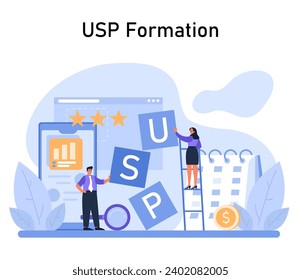 USP Formation concept. Professionals assembling unique selling proposition elements for standout market presence, emphasizing brand excellence. Strategic marketing. Flat vector illustration