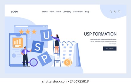 USP Formation concept. Professionals assembling unique selling proposition elements for standout market presence, emphasizing brand excellence. Strategic marketing. Flat vector illustration