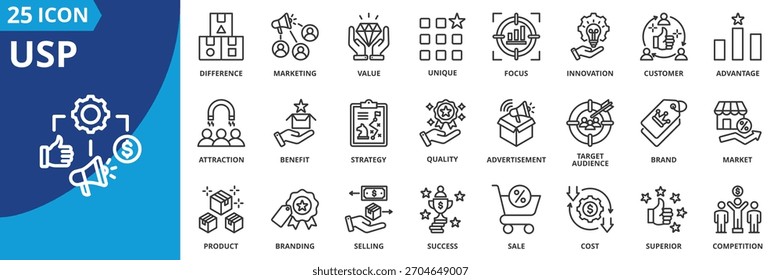colección de conjunto de iconos de USP en estilo de contorno El paquete de iconos contiene único, valor, enfoque, beneficio, ventaja, diferencia, calidad, marketing, público objetivo, ícono de éxito