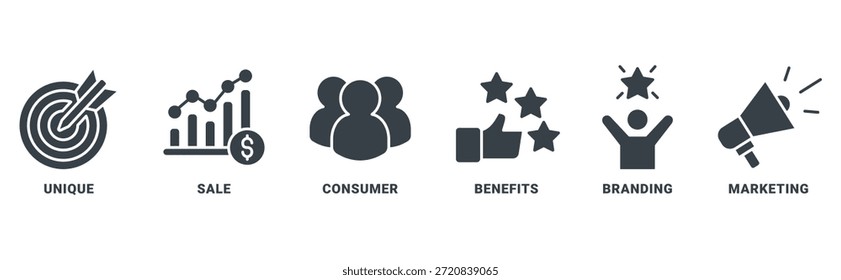 Conjunto de iconos USP para propuesta de venta única con icono de contorno negro de único, venta, consumidor, beneficios, marca y marketing