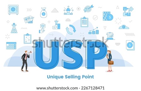 usp unique selling point concept with big words and people surrounded by related icon with blue color style