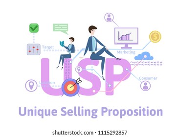 USP, unique selling proposition. Concept with keywords, letters and icons. Colored flat vector illustration on white background.