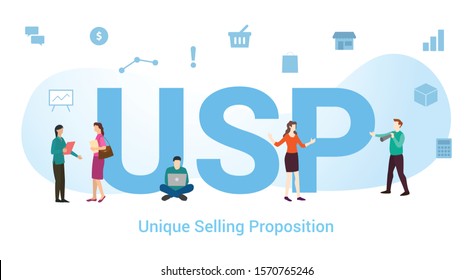 usp unique selling proposition concept with big word or text and team people with modern flat style - vector