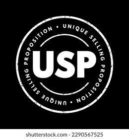 USP Einzigartige Verkaufsproposition - Essenz, was Ihr Produkt oder Service besser macht als Konkurrenten, Akronym-Text-Stempel-Konzept-Hintergrund