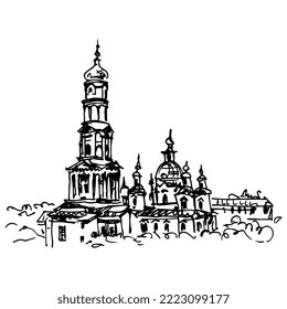 Uspenskyi (Assumption) Cathedral in Kharkov or Kharkiv, Ukraine. Hand drawn sketch. Black and white linear silhouette.