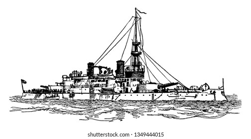 USS Oregon was a pre Dreadnought Indiana class battleship of the United States Navy, vintage line drawing or engraving illustration.