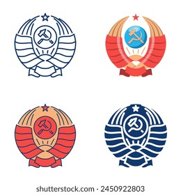 USSR coat of arms icon set. Communism symbol with hammer and sickle. Soviet emblem. Vector illustration.