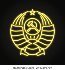 USSR coat of arms neon icon. Communism symbol with hammer and sickle. Soviet emblem. Vector illustration.