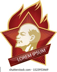 USSR communism icon with Lenin face and soviet star and fire. Vector Red star with socialism symbol. Union logo or flag