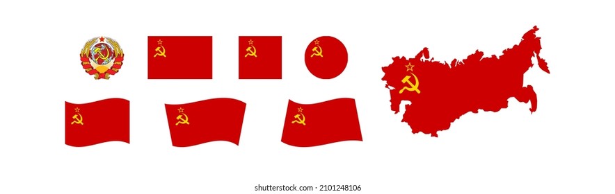 USSR flag set and map. Soviet Union coat of arms. Star, hammer and sickle icon. Communism vector flat illustration