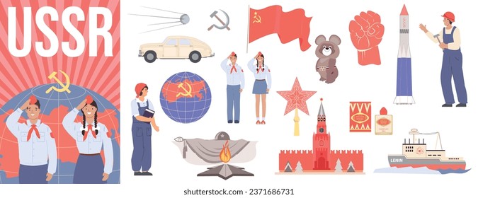 Ussr flat composition set with isolated soviet union symbols on white background vector illustration