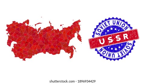 USSR map polygonal mesh with filled triangles, and rough bicolor stamp seal. Triangle mosaic USSR map with mesh vector model, triangles have different sizes, and positions, and color tones.