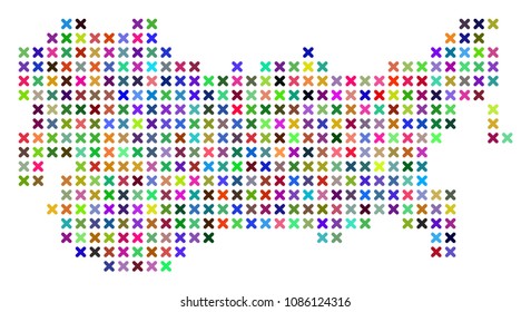 USSR map. Vector collage of geographic scheme. Regular pattern is constructed of x-cross pixels in random colors. Abstract pixelated USSR map designed for political and economical projects.