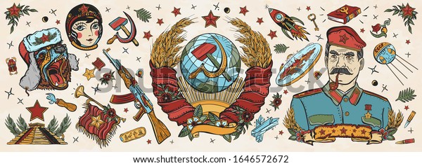 USSR.\
Old school tattoo vector collection. State Emblem of Soviet Union,\
sickle and hammer, Kalashnikov rifle, rocket, astronaut, space\
satellite. Propaganda art. Communism and\
socialism
