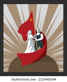 Ussr Poster Man And Woman Holding A Flag