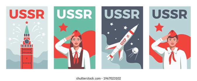 Ussr poster set of vertical banners with text and young pioneer characters with kremlin and rocket vector illustration