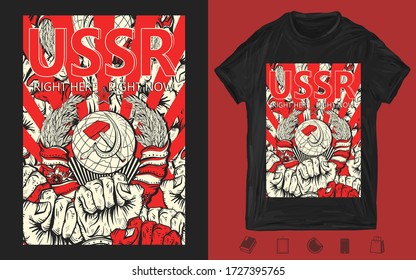 Impresión de la URSS. Escudo de armas de la Unión Soviética, rayo de luz y muchos puños levantados en el aire. Arte creativo para ropa oscura. Diseño de camisetas. Plantilla para carteles, textiles, prendas de vestir. Estilo de propaganda