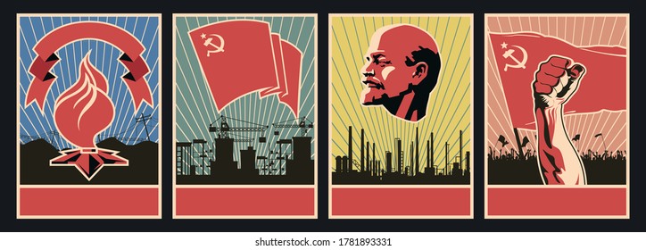 USSR Propaganda Poster Style Templates, Red Flag, Construction, Revolution, Factory