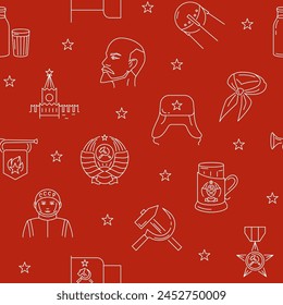 USSR seamless pattern in line style. Hammer and sickle, communism and Soviet symbols. Vector illustration