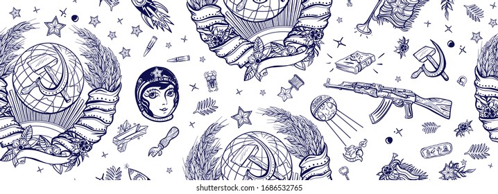 El patrón de la URSS es transparente. Arte propagandístico. Origen comunista y socialista. Estilo de tatuaje de la vieja escuela. Emblema estatal de la Unión Soviética, hoz y martillo, rifle kalashnikov, sputnik espacial, satélite terrestre