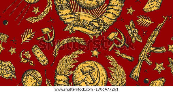 USSR seamless pattern.\
Propaganda art. Emblem of Soviet Union, sickle and hammer,\
kalashnikov rifle. Old school tattoo style. Communism and socialism\
background 