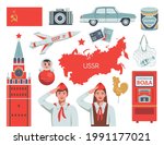 Ussr set of isolated icons with national symbols of soviet union young pioneer characters and and with texts "milk", "ussr post" and "sparkling water" vector illustration