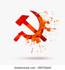 Ussr Symbol: Hammer And Sickle. Watercolor Texture