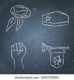 USSR symbols chalkboard icon set. Pioneer necktie and trumpet, soviet garrison cap. Vector illustration.