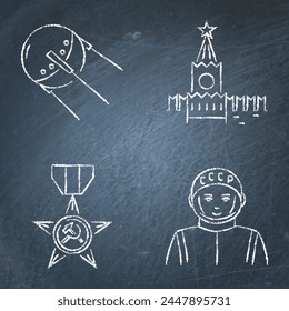 USSR symbols chalkboard icon set. First cosmonaut and artificial satellite, star medal and Kremlin tower. Vector illustration.