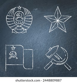 USSR symbols chalkboard icon set. Soviet flag, hammer and sickle, coat of arms and star. Vector illustration.