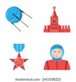 USSR symbols flat icon set. First cosmonaut and artificial satellite, star medal and Kremlin tower. Vector illustration.