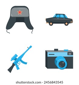 Conjunto de iconos planos de símbolos USSR. Sombrero de Ushanka, cámara soviética, auto Volga y rifle Kalashnikov. Ilustración vectorial.