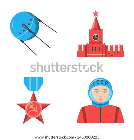 USSR symbols flat icon set. First cosmonaut and artificial satellite, star medal and Kremlin tower. Vector illustration.