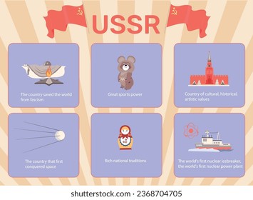 Ussr symbols flat infographic poster with kremlin bear satellite matryoshka vector illustration