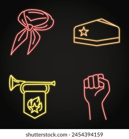 USSR symbols neon icon set. Pioneer necktie and trumpet, soviet garrison cap. Vector illustration.