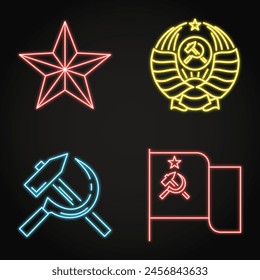 USSR symbols neon icon set. Soviet flag, hammer and sickle, coat of arms and star. Vector illustration.