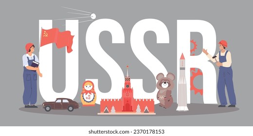 Ussr symbols text composition in flat style on grey background with soviet people kremlin flag olympic bear vector illustration