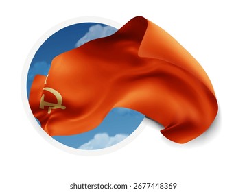 USSR, vector 3d flag against a blue sky, through a round hole on a white background