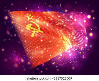 USSR, vector 3d flag on pink purple background with lighting and flares