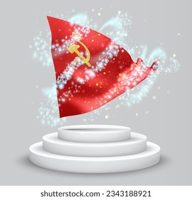 USSR, vector 3d flag on the podium surrounded by a whirlwind of magical radiance