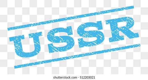 USSR watermark stamp. Text caption between parallel lines with grunge design style. Rubber seal stamp with dust texture. Vector light blue color ink imprint on a chess transparent background.