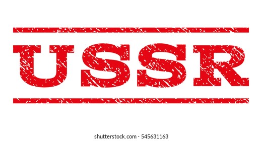 USSR watermark stamp. Text caption between horizontal parallel lines with grunge design style. Rubber seal stamp with dust texture. Vector intensive red color ink imprint on a white background.