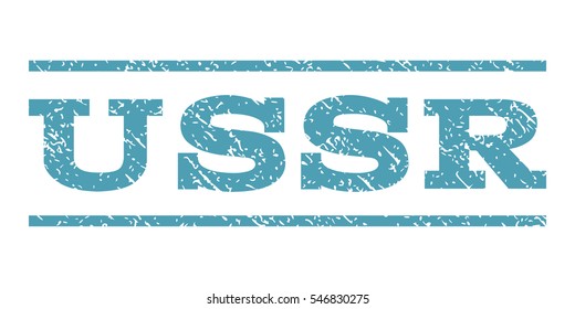 USSR watermark stamp. Text tag between horizontal parallel lines with grunge design style. Rubber seal stamp with unclean texture. Vector cyan color ink imprint on a white background.