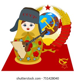 USSR-Union of Soviet Socialist Republics. Russian souvenir matryoshka in a fur hat with a musical instrument on the background of the USSR coat of arms.