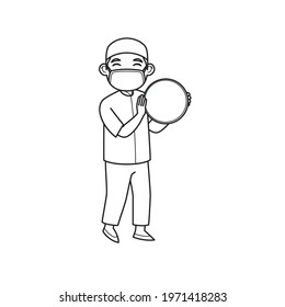 Ustad Character Play Tambourine and Wearing a Face Mask. Vector Illustration. Coloring Book.