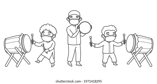 The Ustad and Children Character Play Muslim Drum. Vector Illustration. Coloring Book.