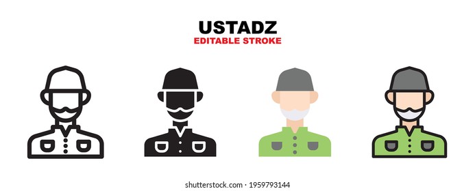 Ustadz icon set with different styles. Icons designed in filled, outline, flat, glyph and line colored. Editable stroke and pixel perfect. Can be used for web, mobile, ui and more.