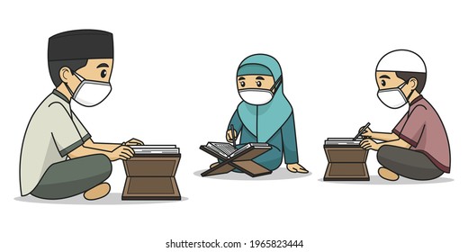 The Ustaz and Students Character Read The Koran Wearing Muslim Clothes and Face Mask. Vector Illustration. Children Book.