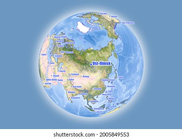Ust-Ilimsk-Russia wird auf der Vektorweltkarte angezeigt. Die Karte zeigt die Lage von Ust-Ilimsk-Russland in der Welt.